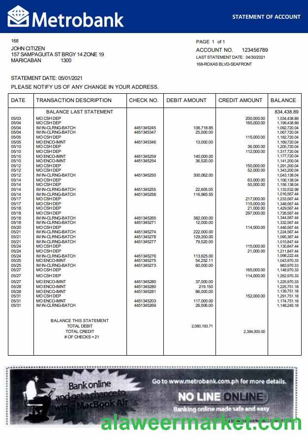 United Kingdom Metrobank bank statement in Word and PDF format